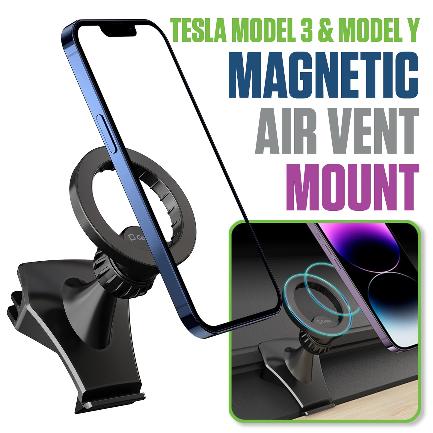 PH211 - Cellet Magnetic Air Vent Phone Mount for Tesla Model 3 & Model Y – Cradle-Less 360° Rotation Car Holder with Extra-Strength Metal Ring – Compatible with iPhone 16/15/14/13 & Samsung Galaxy S25/S24