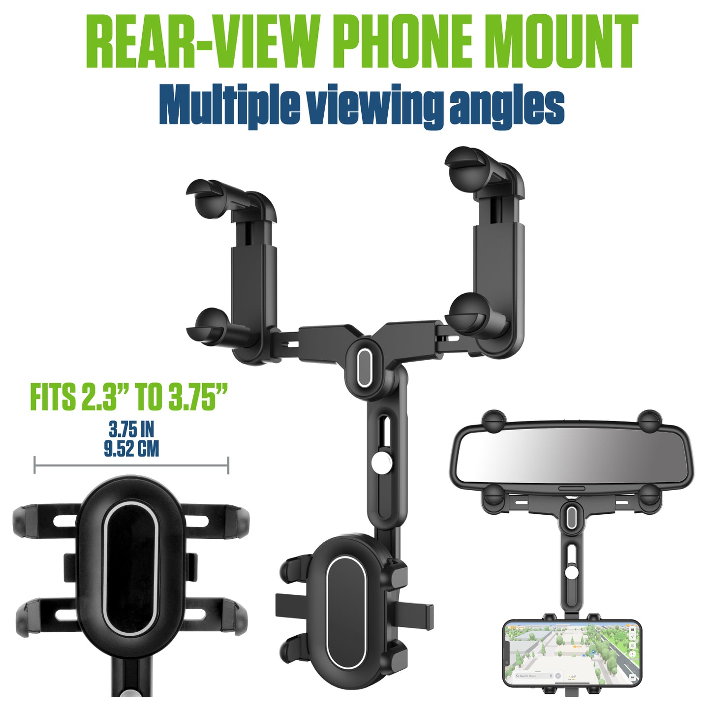 PHMIR5 -  Cellet Rear-View Mirror Phone Mount – 360° Rotation Car Holder for iPhone 15 14 13 Pro Max, Samsung Galaxy S24 S23 Ultra, Adjustable Fit 2.3”-3.75”, Hands-Free GPS Navigation