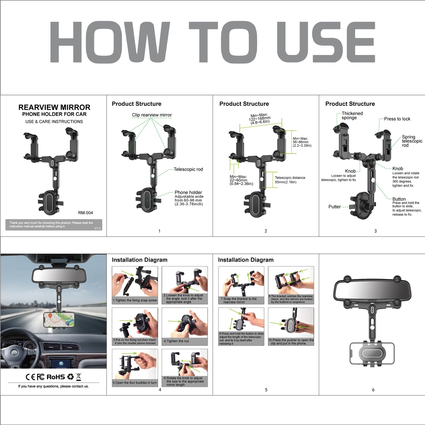 PHMIR5 -  Cellet Rear-View Mirror Phone Mount – 360° Rotation Car Holder for iPhone 15 14 13 Pro Max, Samsung Galaxy S24 S23 Ultra, Adjustable Fit 2.3”-3.75”, Hands-Free GPS Navigation
