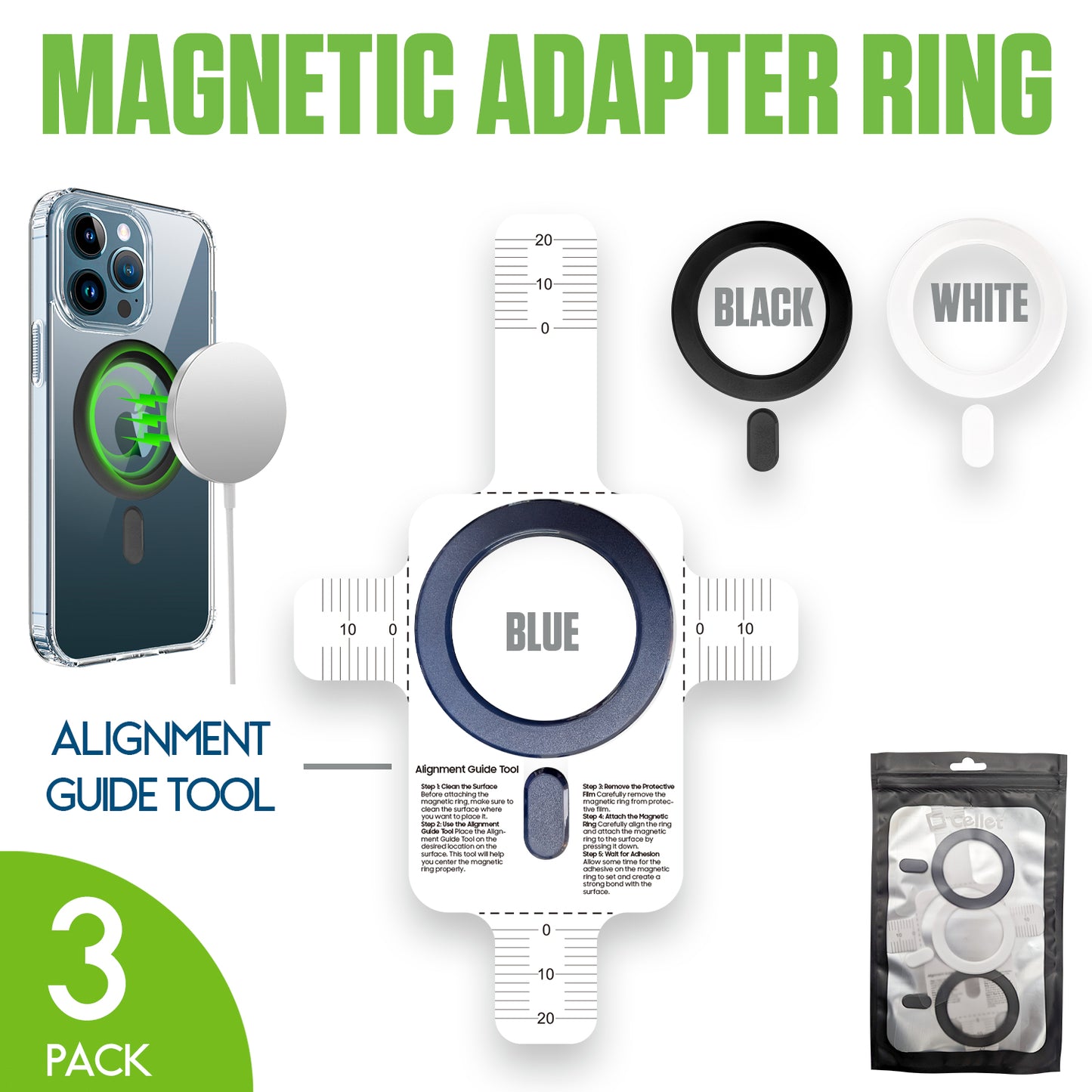 CLCMRING3 - Magnetic Adapter Ring [3 Pack] Compatible with MagSafe Charger & Wireless Charging, Universal Magnet Sticker with Alignment Guide for iPhone 15 14 13 12 Pro Max, Samsung Galaxy, Any Case - 3 Colors