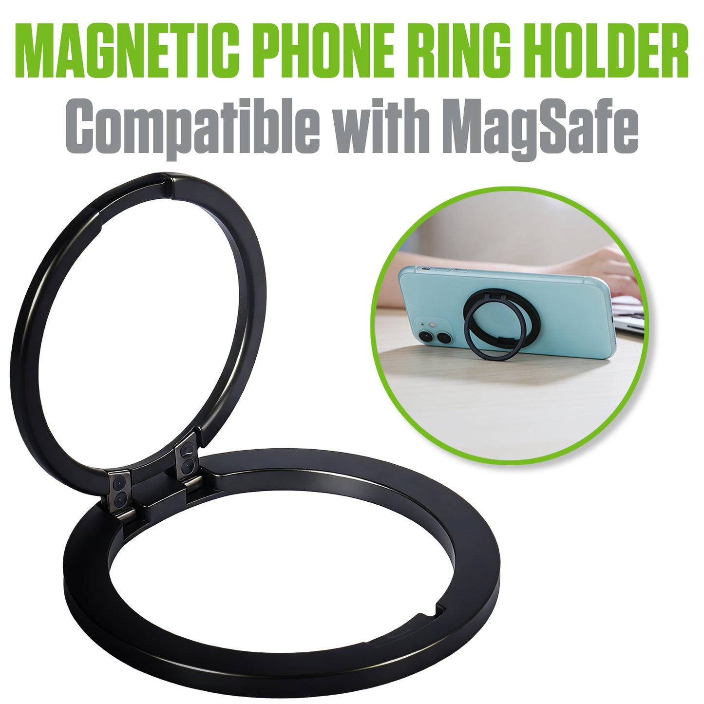 CLCMRINGB - Magnetic Phone Ring Holder for MagSafe, Ultra-Thin Zinc Alloy Kickstand, 360° Rotation Cell Phone Grip Compatible with iPhone 17 16 15 14 13 12 Pro Max & Android