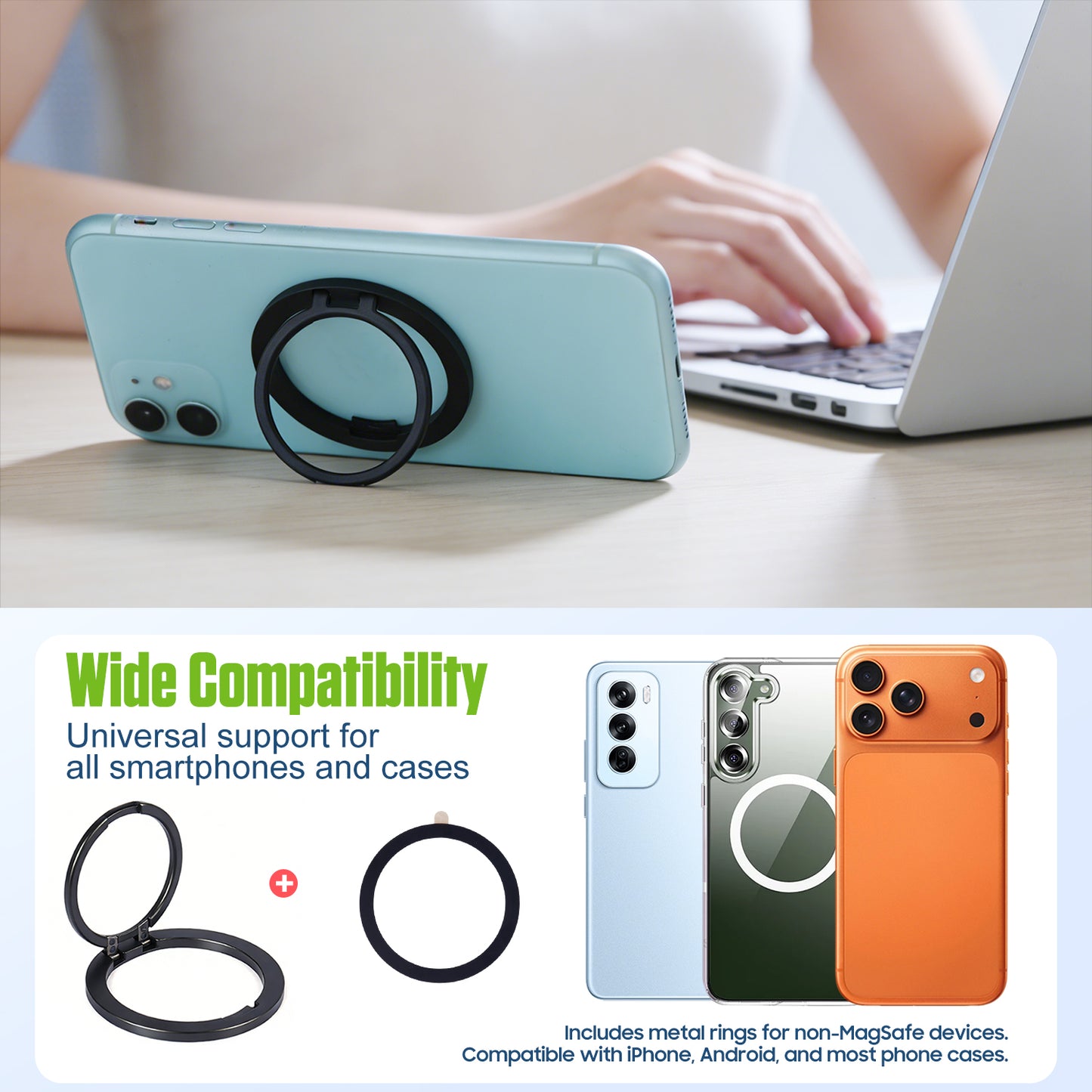 CLCMRINGB - Magnetic Phone Ring Holder for MagSafe, Ultra-Thin Zinc Alloy Kickstand, 360° Rotation Cell Phone Grip Compatible with iPhone 17 16 15 14 13 12 Pro Max & Android