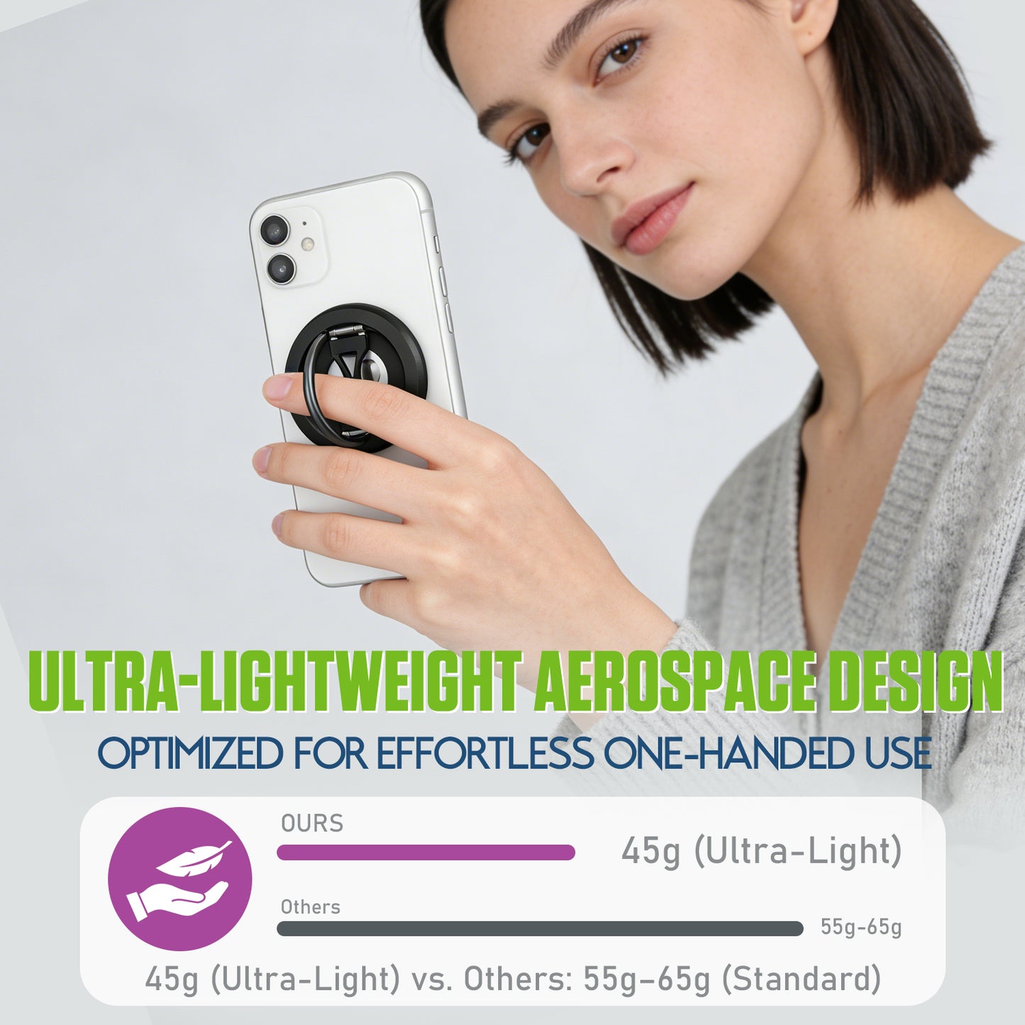 CLCMRINGC - Magnetic Phone Ring Holder Compatible with MagSafe - Ultra-Light 45g Aerospace Design - 360° Rotation & 90° Flip Metal Kickstand - Strong Grip Mount for iPhone 15 14 13 12, Plus, Pro Max & All Cases
