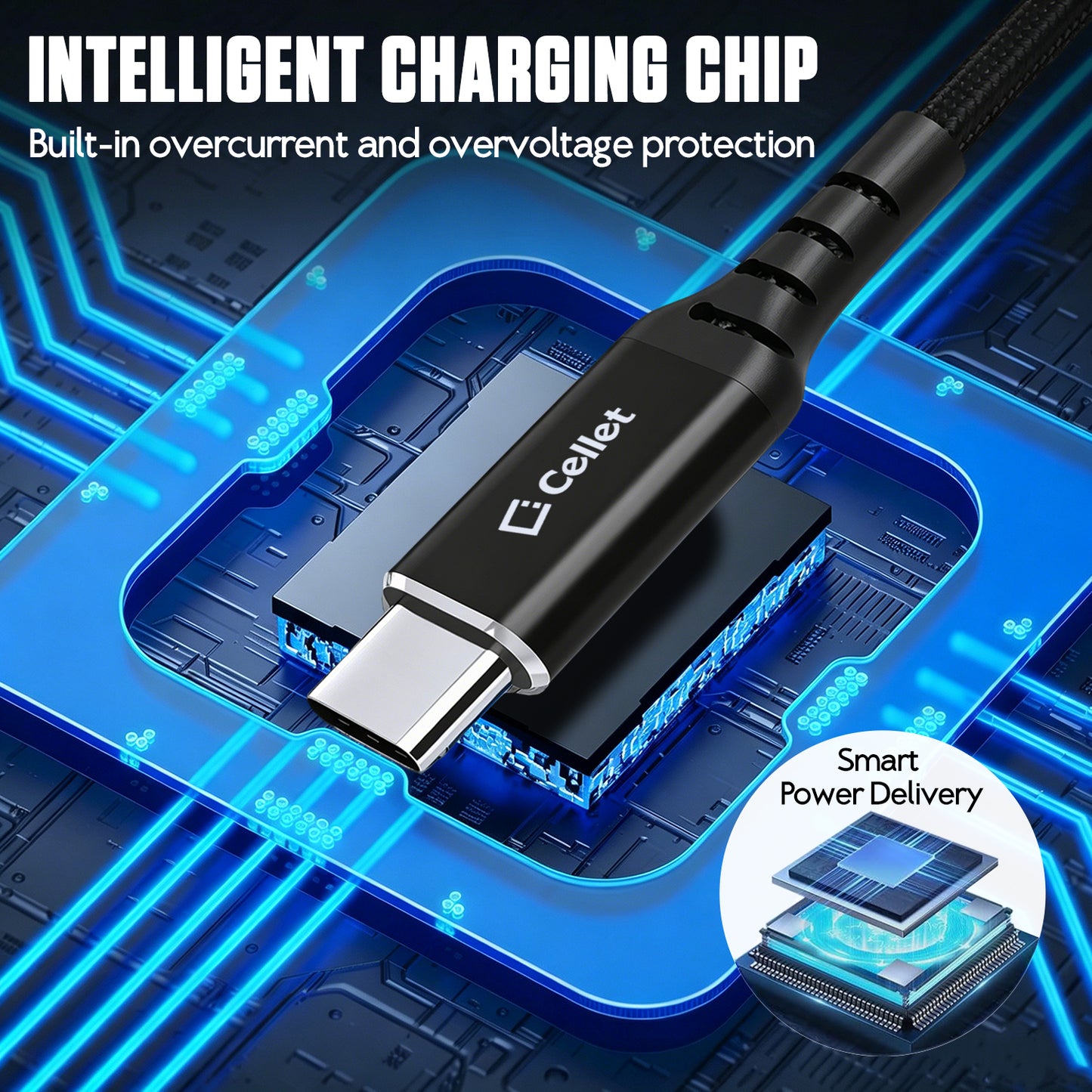 DCCC5FT - Cellet 100W USB C 2-in-1 Charging Cable, Dual USB C Splitter Fast Charger PD 100W 20V/5A, Charge 2 USB-C Devices Simultaneously, 480Mbps Data Transfer, Braided USB C Cable for MacBook, iPad, Galaxy