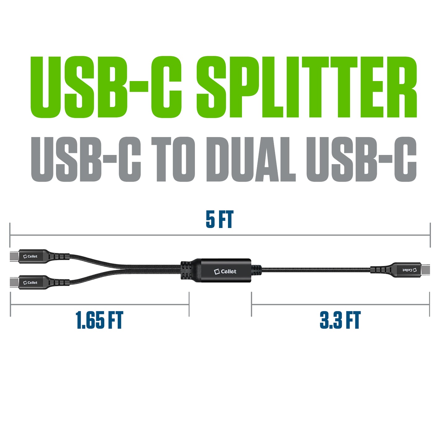 DCCC5FT - Cellet 100W USB C 2-in-1 Charging Cable, Dual USB C Splitter Fast Charger PD 100W 20V/5A, Charge 2 USB-C Devices Simultaneously, 480Mbps Data Transfer, Braided USB C Cable for MacBook, iPad, Galaxy