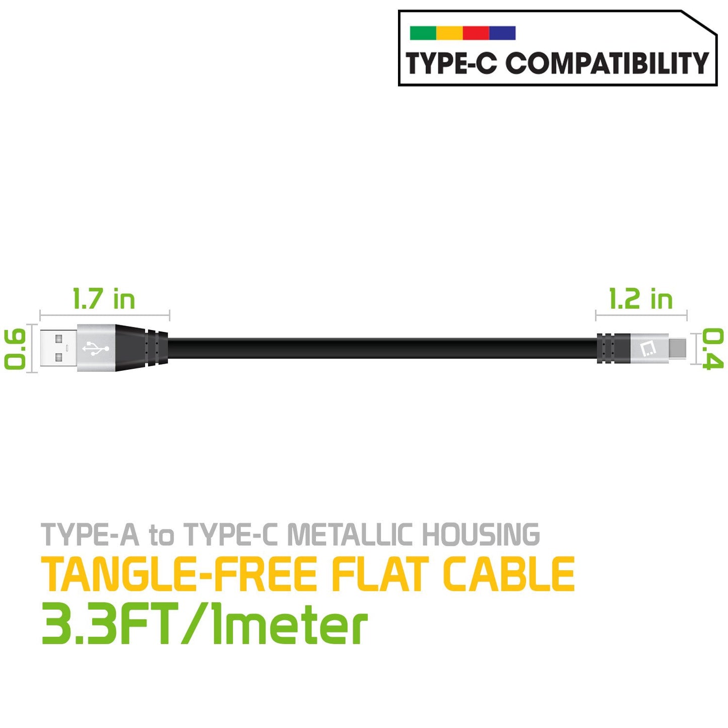 DCA33BK - CyonGear USB-C to USB-A Cable, Tangle-Free Standard 3.2ft (1m) USB-A to USB-C Charging Sync Cable for Google Pixel XL, LG G5, Nexus 5x/6P, LG V20, Motorola Moto Z/Z Force, HTC 10 and more