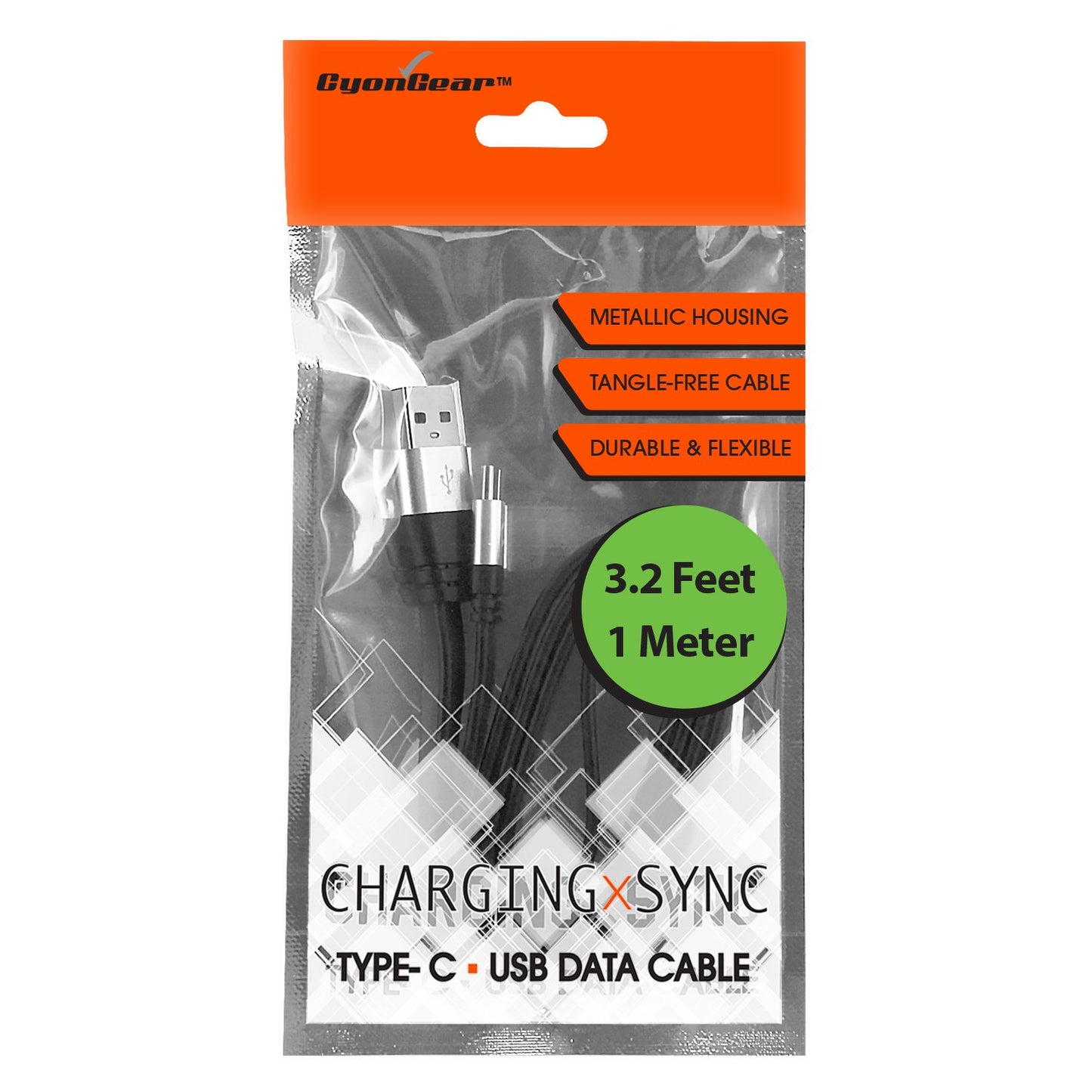 DCA33BK - CyonGear USB-C to USB-A Cable, Tangle-Free Standard 3.2ft (1m) USB-A to USB-C Charging Sync Cable for Google Pixel XL, LG G5, Nexus 5x/6P, LG V20, Motorola Moto Z/Z Force, HTC 10 and more
