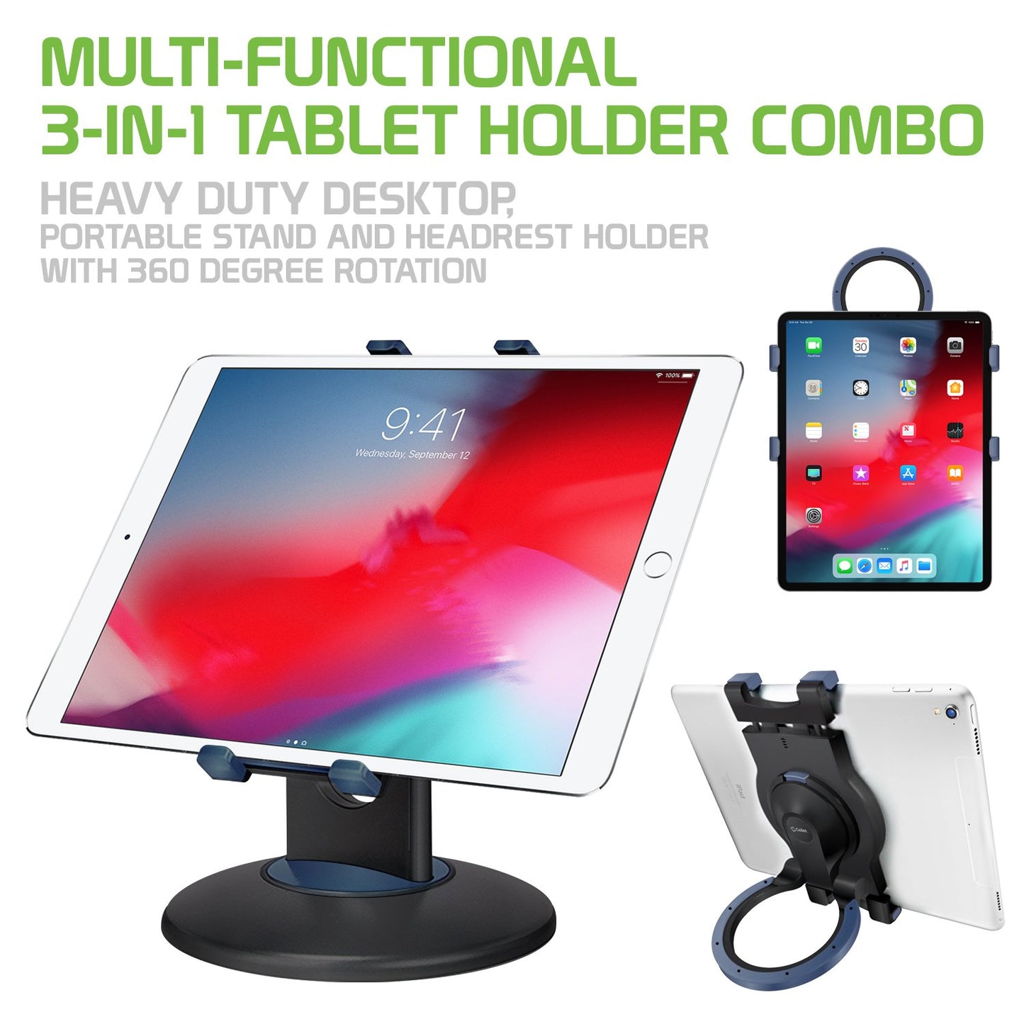 PHTAB5003 - 3-in-1 Tablet Holder Combo, Heavy Duty Desktop, Portable Stand and Headrest Holder with 360 Degree Rotation for iPads and Tablets