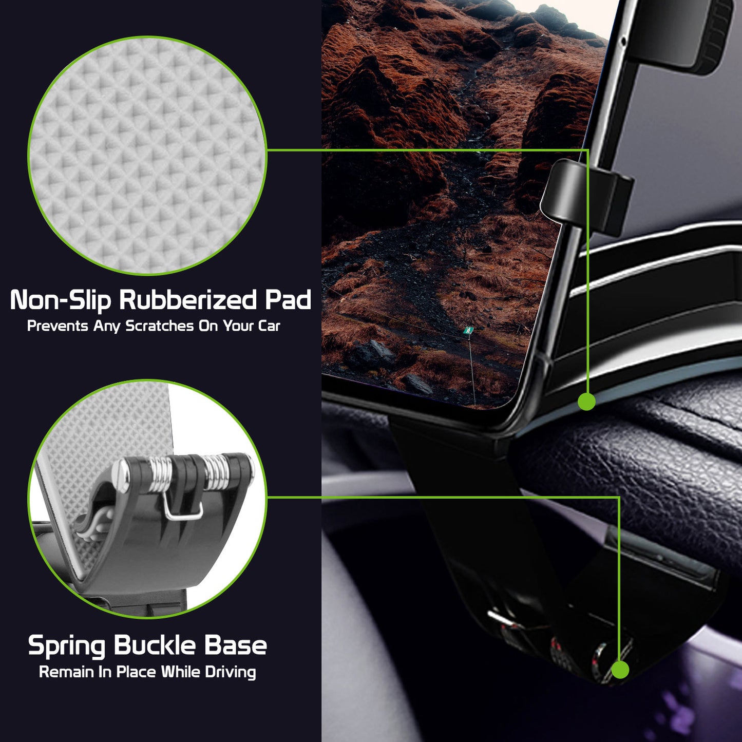 PHD280 - Dashboard, Sun Visor & Rear View Mirror Clip Mount with Heavy Duty Spring Base, 360° Cradle Rotation Compatible to iPhone 13 Pro Max and More